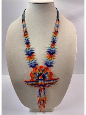 Huichol Style Beaded Hummingbird Necklace Colorful Statement Artisan 24in